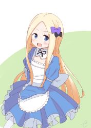 Rule 34 | 1girl, :d, abigail williams (fate), apron, black bow, blue dress, blue eyes, blush, bow, commentary request, dress, fate/grand order, fate (series), forehead, green background, hair bow, highres, juliet sleeves, kujou karasuma, long hair, long sleeves, looking at viewer, open mouth, parted bangs, polka dot, polka dot bow, puffy sleeves, purple bow, signature, smile, solo, two-tone background, very long hair, white apron, white background