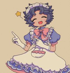 Rule 34 | 1girl, apron, blue dress, blue hair, blush, dress, closed eyes, fang, frilled apron, frills, gloves, index finger raised, no nose, open mouth, original, puffy short sleeves, puffy sleeves, sakura szm, shadow, short hair, short sleeves, simple background, smile, solo, star (symbol), tan background, upper body, white apron, white gloves