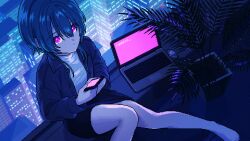 Rule 34 | 1girl, bare legs, blue hair, blue theme, bright pupils, building, buttons, cellphone, city, cityscape, computer, dithering, highres, holding, holding phone, jacket, kamitsubaki studio, laptop, narume, official art, onuma paseri, open clothes, open jacket, pencil skirt, phone, pixel art, plant, potted plant, purple eyes, rooftop, short hair with long locks, sitting, skirt, skyscraper, smartphone, solo, virtual youtuber, white pupils