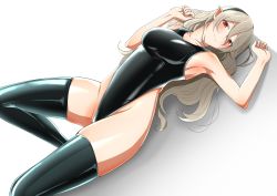 Rule 34 | 1girl, absurdres, black hairband, black thighhighs, breasts, closed mouth, competition swimsuit, corrin (female) (fire emblem), corrin (fire emblem), fire emblem, fire emblem fates, hairband, highres, humi simoya, long hair, lying, medium breasts, nintendo, on back, one-piece swimsuit, pointy ears, red eyes, solo, swimsuit, thighhighs, white hair