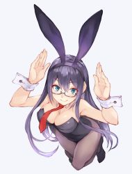 Rule 34 | 1girl, alternate breast size, alternate costume, animal ears, arms up, black hair, black leotard, blue eyes, breasts, cleavage, detached collar, fake animal ears, from above, fumikiri, grey pantyhose, kantai collection, leotard, long hair, looking at viewer, medium breasts, necktie, ooyodo (kancolle), pantyhose, playboy bunny, rabbit ears, rabbit pose, red necktie, simple background, smile, solo, strapless, strapless leotard, w arms, white background, wrist cuffs