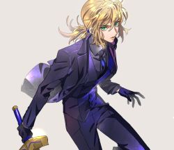 Rule 34 | 1girl, artoria pendragon (all), artoria pendragon (fate), black gloves, black necktie, blonde hair, collared shirt, commentary request, excalibur (fate/stay night), eyelashes, fate/zero, fate (series), formal, gloves, green eyes, grey background, grey shirt, hair between eyes, hair tie, holding, holding sword, holding weapon, jacket, necktie, pant suit, pants, parted lips, ponytail, purple jacket, purple pants, purple vest, saber (fate), shirt, simple background, solo, standing, suit, sword, tenobe, vest, weapon, wing collar