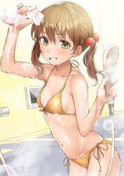 Rule 34 | 1girl, arm up, bare arms, bare shoulders, bath, bathroom, bathtub, bikini, blush, breasts, brown eyes, brown hair, collarbone, commentary request, cowboy shot, front-tie bikini top, front-tie top, grin, hair bobbles, hair ornament, halterneck, hand up, holding, indoors, long hair, looking at viewer, navel, original, shower head, showering, side-tie bikini bottom, small breasts, smile, soap bubbles, solo, sparkle, sponge, standing, swimsuit, teeth, twintails, water, wet, wet hair, yellow bikini, yoropa