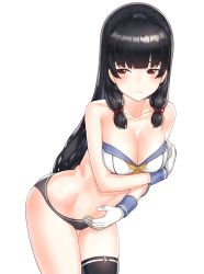 Rule 34 | 10s, 1girl, :&lt;, adapted costume, bikini, black bikini, black hair, black thighhighs, blush, breasts, closed mouth, collarbone, comic, embarrassed, gloves, hair ribbon, isokaze (kancolle), kantai collection, kfr, leaning forward, looking away, looking to the side, medium breasts, mismatched bikini, navel, neckerchief, red eyes, red ribbon, ribbon, simple background, single thighhigh, solo, stomach, strapless, strapless bikini, swimsuit, thighhighs, thighs, tress ribbon, white background, white bikini, white gloves