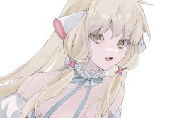 Rule 34 | 1girl, bare shoulders, blonde hair, blue ribbon, brown eyes, cali kki, chii, chobits, choker, frilled choker, frills, grin, hair tubes, highres, long hair, looking at viewer, open mouth, puffy sleeves, ribbon, robot ears, smile, solo, upper body, white background
