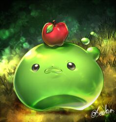 Rule 34 | :3, apple, commentary request, food, fruit, full body, grass, no humans, poporing, ragnarok online, red apple, rouko605, signature, slime (creature), solo