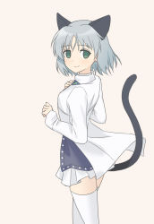 Rule 34 | 1girl, animal ears, black shirt, cat ears, cat tail, closed mouth, colored skin, from behind, green eyes, grey background, grey hair, highres, jacket, long sleeves, looking at viewer, looking back, mao lian (nekokao), medium hair, miniskirt, open clothes, open jacket, pleated skirt, sanya v. litvyak, shirt, simple background, skirt, smile, solo, strike witches, tail, thighhighs, white jacket, white skin, white thighhighs, world witches series