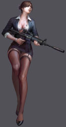 Rule 34 | assault rifle, bra, breasts, brown hair, bug, butterfly, carbine, cleavage, counter-strike, counter-strike (series), garter belt, garter straps, glasses, gun, high heels, highres, insect, lips, long legs, m4 carbine, miniskirt, office lady, open clothes, parted lips, rifle, shoes, skirt, suppressor, tattoo, thighhighs, underwear, watch, weapon