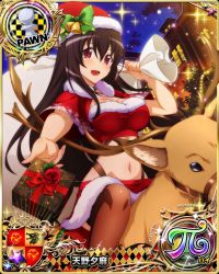 Rule 34 | 1girl, absurdres, black hair, breasts, card (medium), chess piece, christmas, cleavage, high school dxd, highres, large breasts, long hair, looking at viewer, midriff, navel, official art, pawn (chess), purple eyes, raynare, santa costume, smile