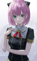 Rule 34 | 1girl, absurdres, aged up, anya (spy x family), black shirt, bun cover, closed mouth, collared shirt, eden academy school uniform, gradient background, green eyes, grey background, highres, looking at viewer, neck ribbon, pink hair, red ribbon, rerendi, ribbon, school uniform, shirt, short hair, short sleeves, solo, spy x family, upper body, wing collar