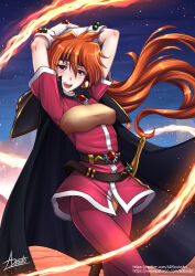 Rule 34 | 1girl, adsouto, armor, arms up, black headband, breasts, cape, earrings, gloves, headband, highres, jewelry, lina inverse, long hair, open mouth, orange hair, pants, pauldrons, red eyes, red pants, short sleeves, shoulder armor, slayers, small breasts, solo, standing, teeth, upper teeth only, very long hair, white gloves