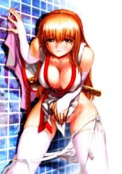 Rule 34 | 1girl, against wall, blush, breasts, brown eyes, cleavage, dead or alive, ebina souichi, embarrassed, female masturbation, fingerless gloves, gloves, hip focus, kasumi (doa), katana, large breasts, long hair, looking at viewer, masturbation, ninja, orange hair, panties, panty pull, pelvic curtain, side-tie panties, solo, sword, tecmo, thick thighs, thighhighs, thighs, tile wall, tiles, underwear, very long hair, weapon, weapon on back, white panties, wide hips