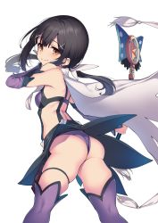 Rule 34 | 1girl, arm up, ass, black hair, breasts, cape, detached sleeves, fate/kaleid liner prisma illya, fate (series), from side, hair ornament, highres, leotard, long hair, low twintails, magical sapphire, miyu edelfelt, orange eyes, purple eyes, santa (sunflower), sidelocks, simple background, skindentation, small breasts, smile, solo, thighhighs, thighlet, twintails, underwear, white background, wind, wind lift, x hair ornament