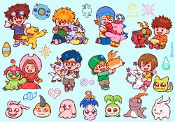 3girls 5boys agumon bird bug cat crests_(digimon) digimon digimon_(creature) digimon_adventure gabumon glasses gomamon highres ishida_yamato izumi_koshiro kido_jo koromon mochimon multiple_boys multiple_girls nyaromon palmon patamon piyomon pukamon pyocomon reptile tachikawa_mimi tailmon takaishi_takeru takenouchi_sora tanemon tentomon tokomon tunomon wings yagami_hikari yagami_taichi