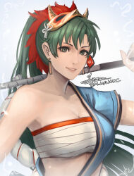 Rule 34 | 1girl, bandages, bandeau, blue shirt, breasts, chest sarashi, cleavage, cm lynarc, collarbone, commentary, earrings, english commentary, fire emblem, fire emblem: the blazing blade, fire emblem heroes, green eyes, green hair, grin, highres, jewelry, large breasts, long hair, looking at viewer, lyn (fire emblem), lyn (flame) (fire emblem), mask, mask on head, midriff, nintendo, official alternate costume, ponytail, revision, sarashi, shirt, single-shoulder shirt, single bare shoulder, single sleeve, smile, solo, strapless, tube top, upper body