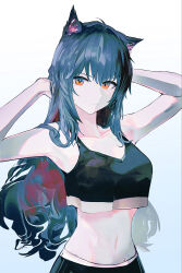 Rule 34 | 1girl, ahoge, alternate costume, animal ear fluff, animal ear piercing, animal ears, arknights, arm up, armpit crease, arms behind head, bare arms, bare shoulders, black pants, black shirt, blue eyes, blue hair, breasts, casual, closed mouth, collarbone, colored inner hair, commentary request, cropped shirt, expressionless, gradient background, grey background, hair between eyes, hair flowing over, hair intakes, hand in own hair, hand up, highres, korean commentary, long hair, looking at viewer, medium breasts, midriff, multicolored hair, navel, orange eyes, pale skin, pants, partial commentary, piercing, red hair, runamonet, shirt, sleeveless, sleeveless shirt, solo, standing, stomach, texas (arknights), two-tone background, two-tone eyes, two-tone hair, upper body, very long hair, white background, wolf ears, wolf girl