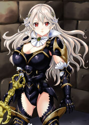 Rule 34 | 1girl, absurdres, armor, black gloves, black thighhighs, breasts, brick wall, cleavage, commentary request, commission, corrin (female) (fire emblem), corrin (fire emblem), detached collar, fire emblem, fire emblem fates, fire emblem heroes, gloves, grey hair, groin, hair between eyes, hair ornament, hairband, highres, large breasts, leotard, long hair, looking at viewer, nao takami, nintendo, official alternate costume, pointy ears, red eyes, skeb commission, solo, thighhighs