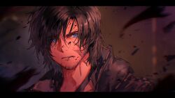 Rule 34 | 1boy, black hair, black jacket, blood, blood on face, blue eyes, blurry, blurry foreground, clive rosfield, facial hair, final fantasy, final fantasy xvi, hair between eyes, highres, jacket, letterboxed, looking at viewer, male focus, messy hair, parted lips, pudding49500, short hair, solo, stubble, upper body