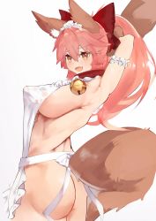 Rule 34 | 1girl, absurdres, animal ear fluff, animal ears, animal hands, apron, armpits, arms behind head, arms up, ass, bare shoulders, bell, bow, breasts, cleavage, collar, covered erect nipples, fate/extra, fate/grand order, fate (series), fox ears, fox girl, fox tail, frills, gloves, hair between eyes, hair bow, highres, jingle bell, large breasts, long hair, looking at viewer, naked apron, neck bell, open mouth, paw gloves, pink hair, ponytail, red bow, rottenweiler, sideboob, sidelocks, smile, solo, tail, tamamo (fate), tamamo cat (fate), tamamo cat (third ascension) (fate), white apron, yellow eyes