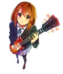 Rule 34 | 1girl, brown eyes, brown hair, foreshortening, from above, guitar, hirasawa yui, instrument, k-on!, looking up, pantyhose, perspective, school uniform, sham fu, short hair, simple background, skirt, smile, solo