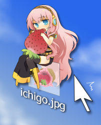 Rule 34 | ^^^, bad id, bad pixiv id, blue eyes, boots, bright pupils, cross-laced footwear, cursor, eating, food, fruit, glowing, gold trim, icon (computing), lace-up boots, long hair, megurine luka, meimone, mini person, minigirl, pink hair, sitting, solo, strawberry, very long hair, vocaloid, wavy hair