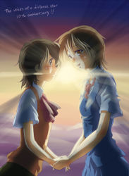 Rule 34 | 2girls, backlighting, blush, brown eyes, brown hair, commentary request, copyright name, creator connection, english text, engrish text, hair ornament, hairclip, holding hands, hoshi no koe, hoshi wo ou kodomo, looking at viewer, multiple girls, nagamine mikako, open mouth, ranguage, school uniform, short sleeves, smile, sweater vest, totsuki touka (orange factory), watase asuna
