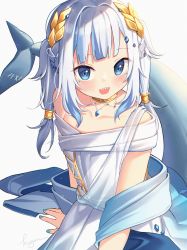 Rule 34 | 1girl, :d, absurdres, blue eyes, blue hair, blue nails, blush, choker, dress, fins, fish tail, gawr gura, gawr gura (party dress), highres, hololive, hololive english, kuri (animejpholic), laurel crown, long hair, looking at viewer, multicolored hair, nail polish, open mouth, shark tail, sharp teeth, simple background, smile, solo, streaked hair, tail, teeth, toga, upper body, upper teeth only, virtual youtuber, white background, white dress, white hair, yellow choker