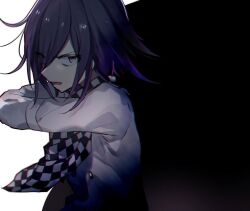 Rule 34 | 1boy, arm belt, belt, black background, black scarf, buttons, checkered clothes, checkered scarf, commentary request, danganronpa (series), danganronpa v3: killing harmony, eyes visible through hair, hair over one eye, hand on own shoulder, huyuharu0214, jacket, long sleeves, looking at viewer, male focus, oma kokichi, open mouth, purple eyes, purple hair, scarf, short hair, simple background, solo, two-tone background, two-tone scarf, upper body, v-shaped eyebrows, white background, white belt, white jacket, white scarf