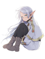 Rule 34 | 1girl, black pantyhose, blush, boots, brown footwear, capelet, commentary, earrings, eitopondo, elf, frieren, from side, full body, green eyes, grey hair, highres, hugging own legs, jewelry, long hair, long sleeves, looking at viewer, pantyhose, pointy ears, simple background, sitting, smile, solo, sousou no frieren, white background, white capelet