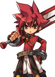 Rule 34 | 1boy, :o, artist request, belt, brown eyes, cowboy shot, elsword, elsword (character), fingerless gloves, gloves, hand on own hip, holding, holding sword, holding weapon, knight (elsword), looking at viewer, male focus, official art, open mouth, over shoulder, red hair, red shirt, shirt, shorts, solo, spiked hair, sword, transparent background, weapon, white shorts