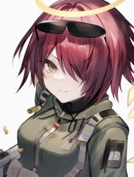 Rule 34 | 1girl, absurdres, arknights, breasts, brown eyes, bullet, closed mouth, diieru, exusiai (arknights), eyewear on head, green jacket, grey background, hair over one eye, halo, highres, jacket, looking at viewer, medium breasts, red hair, simple background, smile, solo, sunglasses, upper body