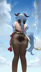 Rule 34 | 1girl, absurdres, ahoge, ass, bare shoulders, black bow, black pantyhose, blue hair, blue sky, bow, cloud, day, detached sleeves, dokshuri, facing away, feet out of frame, flower knot, from behind, from below, ganyu (genshin impact), genshin impact, highres, horns, long hair, outdoors, pantyhose, red ribbon, ribbon, sky, solo, standing, tassel, thigh gap, very long hair