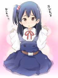 Rule 34 | 10s, 1girl, black hair, blush, brown eyes, chestnut mouth, child, female focus, flying sweatdrops, hair bobbles, hair ornament, kitashirakawa anko, long hair, one side up, oversized clothes, school uniform, side ponytail, sleeves past wrists, solo, tamako market, text focus, translated, wancho