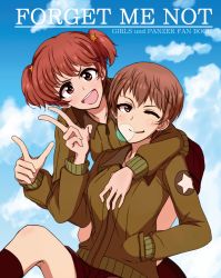 Rule 34 | &gt;:d, 10s, 2girls, :d, ;), alisa (girls und panzer), bomber jacket, brown eyes, brown hair, english text, freckles, girls und panzer, jacket, kibimoka, kneehighs, multiple girls, naomi (girls und panzer), one eye closed, open mouth, short hair, short twintails, smile, socks, twintails, v, v-shaped eyebrows, very short hair