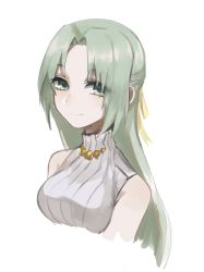 Rule 34 | 1girl, absurdres, bare shoulders, closed mouth, commentary, english commentary, green eyes, green hair, hair ribbon, highres, higurashi no naku koro ni, jewelry, long hair, looking at viewer, necklace, parted bangs, ribbed sweater, ribbon, simple background, sleeveless, sleeveless sweater, smile, solo, sonozaki shion, sweater, tsu (lovesick1964), upper body, white background, white sweater, yellow ribbon
