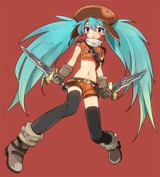 Rule 34 | .hack//, .hack//quantum, 10s, 1girl, aqua eyes, aqua hair, bad id, bad pixiv id, bandai, black thighhighs, boots, cyber connect 2, dadami, dual wielding, facial mark, full body, gloves, hat, holding, long hair, midriff, navel, red background, sakuya (.hack//), shorts, simple background, solo, sword, thighhighs, twintails, weapon