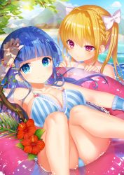 Rule 34 | 2girls, bad id, bad pixiv id, bare shoulders, blonde hair, blue eyes, blue hair, blunt bangs, blush, bow, breasts, brown eyes, cleavage, commentary request, haiba 09, hair bow, hair ornament, hairclip, innertube, large breasts, long hair, looking at viewer, multiple girls, original, shirt, striped clothes, striped shirt, swim ring, swimsuit, water