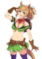 1girl :d absurdres animal_ears arm_up bandana bandeau bare_shoulders belt bikini bikini_under_clothes blue_eyes brown_belt brown_gloves brown_hair commentary cowboy_shot front-tie_top gloves green_shirt green_skirt gun hair_ornament handgun highres holstered horse_ears looking_at_viewer midriff miniskirt navel off-shoulder_bandeau off-shoulder_shirt off_shoulder open_mouth ounishi_haruki ponytail purple_thighhighs revolver shirt short_hair short_sleeves simple_background skirt smile solo standing star_(symbol) star_hair_ornament stomach swimsuit taiki_shuttle_(umamusume) tail thighhighs umamusume weapon white_background zettai_ryouiki