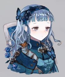 Rule 34 | 1girl, blue eyes, blue hair, brooch, bug, butterfly, closed mouth, fire emblem, fire emblem: three houses, fire emblem warriors, fire emblem warriors: three hopes, frills, hairband, highres, insect, jewelry, looking to the side, marianne von edmund, nintendo, official alternate hairstyle, repu (rep sha), solo, upper body