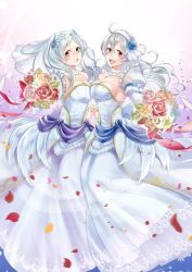 Rule 34 | 2girls, bare shoulders, blush, bouquet, breasts, bridal veil, bride, cape, cleavage, corrin (female) (fire emblem), corrin (fire emblem), dress, elbow gloves, fire emblem, fire emblem awakening, fire emblem fates, fire emblem heroes, flower, formal, gloves, hairband, ichino tomizuki, long hair, looking at viewer, multiple girls, nintendo, open mouth, pointy ears, red eyes, robin (female) (fire emblem), robin (fire emblem), robin (male) (fire emblem), smile, strapless, strapless dress, super smash bros., twintails, veil, wedding dress, white gloves, white hair