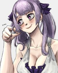 Rule 34 | 1girl, black clover, blush, breasts, cleavage, grey background, hair ribbon, large breasts, limn044, noelle silva, purple eyes, purple hair, ribbon, signature, simple background, sketch, smile, solo, twintails