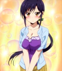 Rule 34 | 10s, 1girl, blush, breasts, cleavage, highres, large breasts, misumi rin, okusama ga seito kaichou!, solo, standing, stitched, third-party edit, yellow eyes