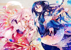 Rule 34 | 2girls, black hair, blush, detached sleeves, egasumi, hand fan, fox mask, hair ornament, ibara riato, japanese clothes, long hair, long sleeves, mask, multiple girls, open mouth, original, outstretched arm, petals, pink eyes, polearm, shirt, silver hair, skirt, smile, staff, weapon, wide sleeves, yellow eyes