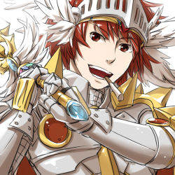 Rule 34 | 1boy, armor, breastplate, chainmail, cigarette, commentary request, feathered wings, gauntlets, head wings, holding, holding sword, holding weapon, looking at viewer, male focus, natsuya (kuttuki), open mouth, pauldrons, ragnarok online, red eyes, red hair, rune knight (ragnarok online), short hair, shoulder armor, simple background, smile, solo, spiked pauldrons, sword, upper body, visor (armor), weapon, white background, white wings, wings