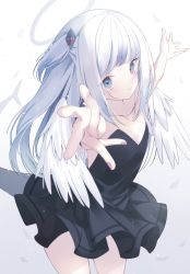 Rule 34 | 1girl, angel, angel wings, backless dress, backless outfit, black dress, blue eyes, blunt bangs, cowboy shot, dress, fins, fish tail, flat chest, frilled dress, frills, gawr gura, hair ornament, hairclip, halo, highres, hololive, hololive english, long hair, looking at viewer, outstretched arms, shark tail, silver hair, simple background, smile, solo, strapless, strapless dress, tail, virtual youtuber, wings, yuzuno kaori