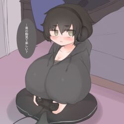 Rule 34 | 1boy, bed, black hair, black hoodie, black pants, black socks, blush, breasts, breasts on lap, check translation, cleavage, controller, covered erect nipples, floor, from above, game controller, grey eyes, headphones, holding, hood, hoodie, huge breasts, indian style, looking at viewer, male with breasts, mouse (computer), on floor, oppai shota, original, pants, parted lips, pittori, playing games, playstation controller, short hair, sitting, socks, solo, translation request, trap, very short hair