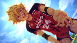 Rule 34 | 1boy, armband, bandaid, bandaid on face, bandaid on nose, black armband, blonde hair, blue sky, cloud, collaboration, dutch angle, highres, jock studio (blits games), leo mendez (jock studio), looking at viewer, male focus, mikkoukun, non-web source, official art, open mouth, orange eyes, outdoors, reaching, reaching towards viewer, red shirt, red shorts, shade, shirt, short hair, short sleeves, shorts, sky, solo, teeth, tongue, upper teeth only, variant set, zamius