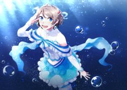 Rule 34 | 1girl, aqua skirt, aquarium, artist name, artist request, bare shoulders, blue bow, blue eyes, blush, bow, bowtie, breasts, capelet, crop top, detached sleeves, dress, earrings, female focus, frilled capelet, frills, grey hair, hair bow, hair ornament, highres, jewelry, koi ni naritai aquarium, light brown hair, looking at viewer, love live!, love live! sunshine!!, medium breasts, navel, ocean, off-shoulder dress, off shoulder, outstretched arm, outstretched arms, parted lips, ribbon, salute, short hair, skirt, small breasts, smile, solo, striped bow, striped bowtie, striped clothes, suzuha, thighhighs, tiara, underwear, watanabe you, white bow, white ribbon, white thighhighs