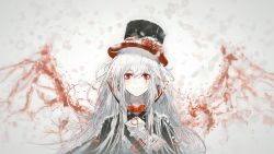 Rule 34 | 1girl, arknights, bow, bowtie, cape, earrings, flower, hat, hat flower, highres, id card, jewelry, long hair, official alternate costume, pale skin, pointy ears, popped collar, red bow, red bowtie, red eyes, runamonet, scar, scar across eye, scar on face, slit pupils, snowing, solo, top hat, upper body, warfarin (arknights), warfarin (the feast) (arknights), white hair, wings