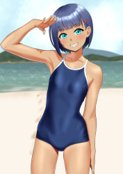 Rule 34 | 1girl, absurdres, aged down, bare shoulders, beach, blue eyes, blue hair, blue one-piece swimsuit, blush, bob cut, borrowed character, breasts, competition school swimsuit, dark-skinned female, dark skin, fingernails, grin, hair ornament, hairclip, harigane mutsumi (harigane623), head tilt, highres, kanagi haruka, long fingernails, looking at viewer, one-piece swimsuit, original, school swimsuit, short hair, small breasts, smile, solo, swimsuit, thighs